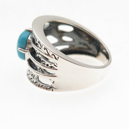 925 Sterling Silver Real Sleeping Beauty Turquoise Floral Oxidized Ring Size 8