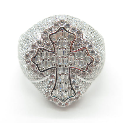 925 Sterling Silver Emerald-Cut & Round-Cut Shaped C Z Cross Dome Ring Size 11.5