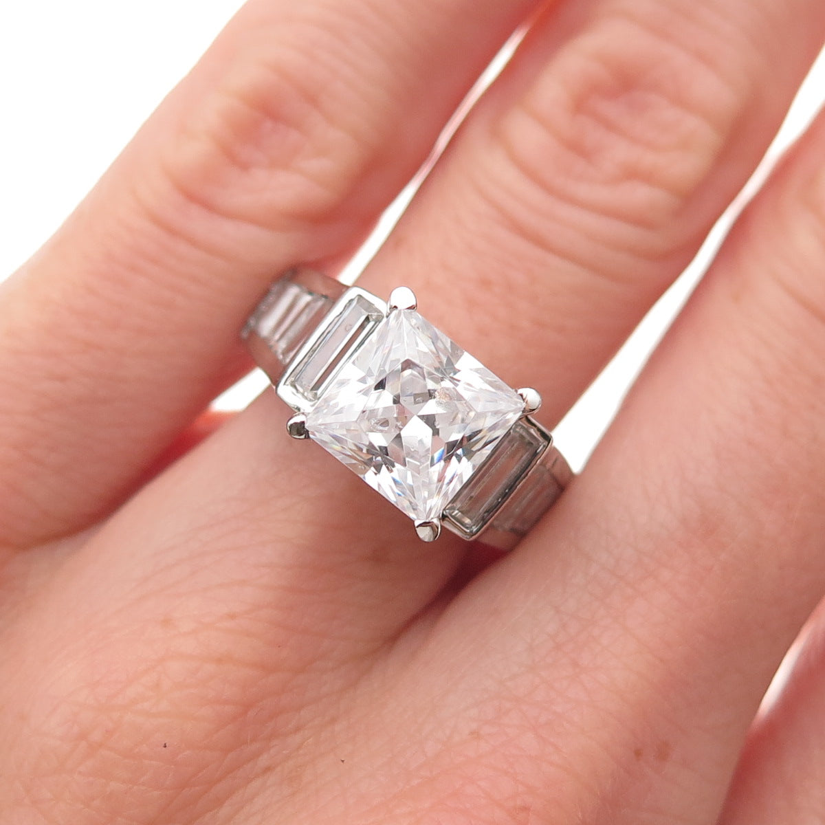 Key Star 925 Sterling Silver Princess & Emerald-Cut C Z Engagement Ring Size 6