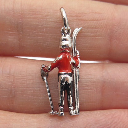 925 Sterling Silver Antique Art Deco Enamel Skier Minimalist 3D Charm Pendant