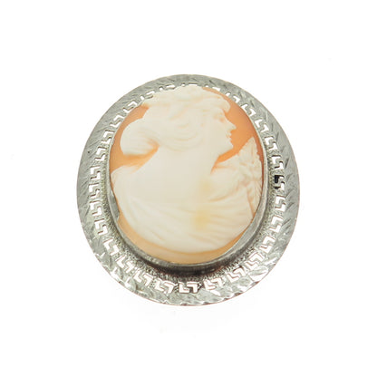 800 Silver Vintage Real Caved MOP Lady Cameo Greek Key Oval Pin Brooch