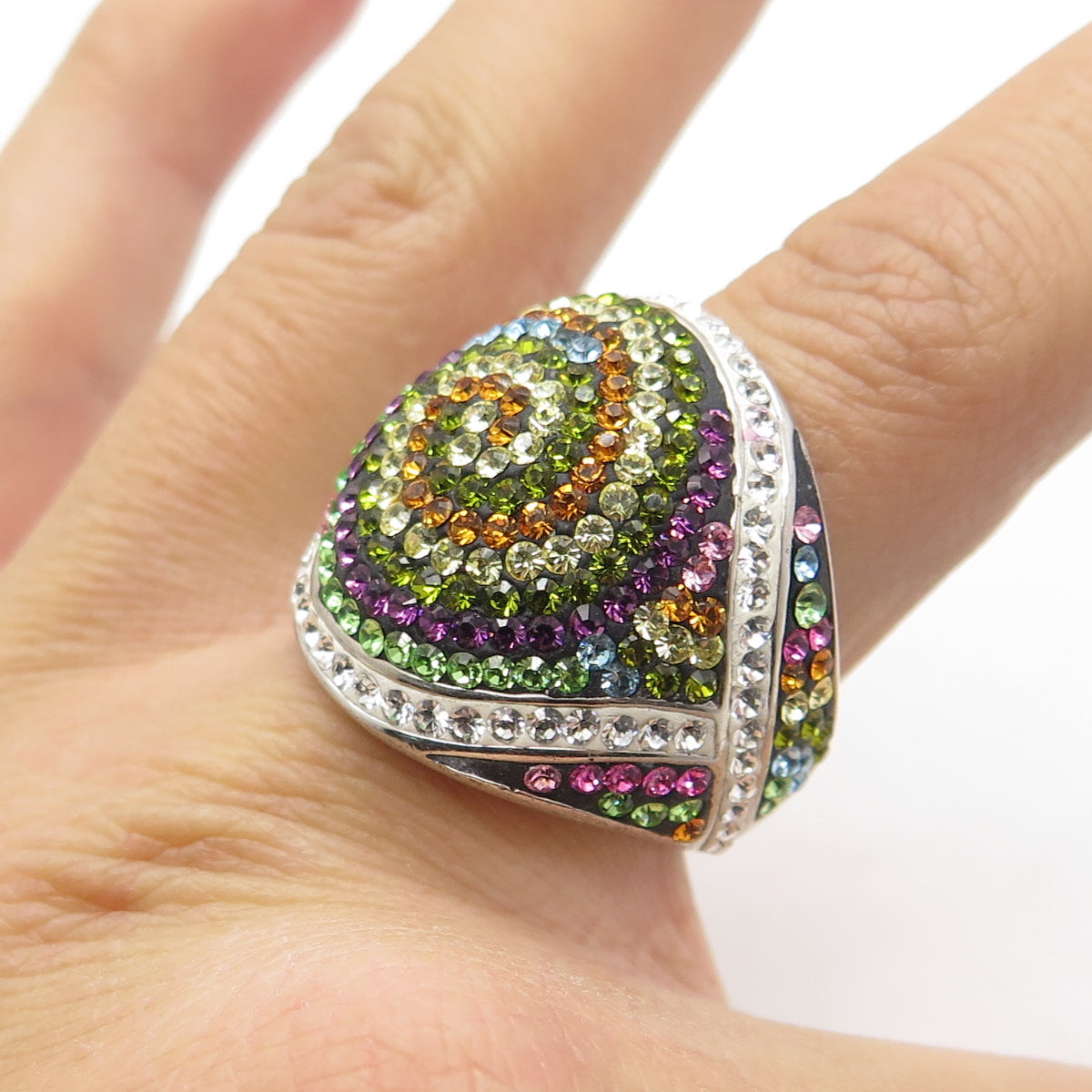 925 Sterling Silver Multi-Color Rhinestone Domed Ring Size 7.75