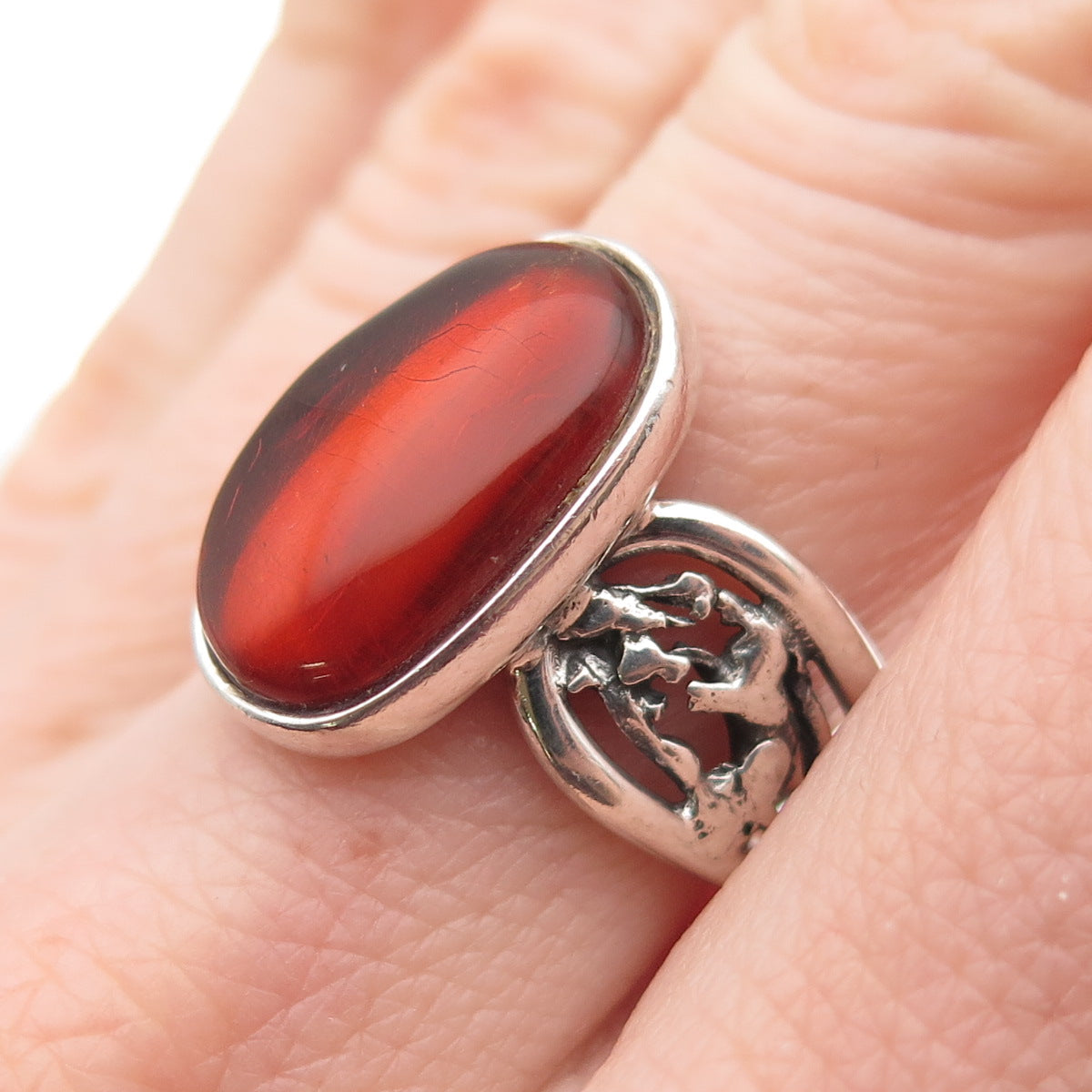 925 Sterling Silver Vintage Real Amber Modernist Oxidized Ring Size 6.5