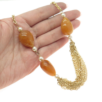 925 Sterling Silver Gold Plated Faux Amber & Faux Pearl Cable Chain Necklace 22"