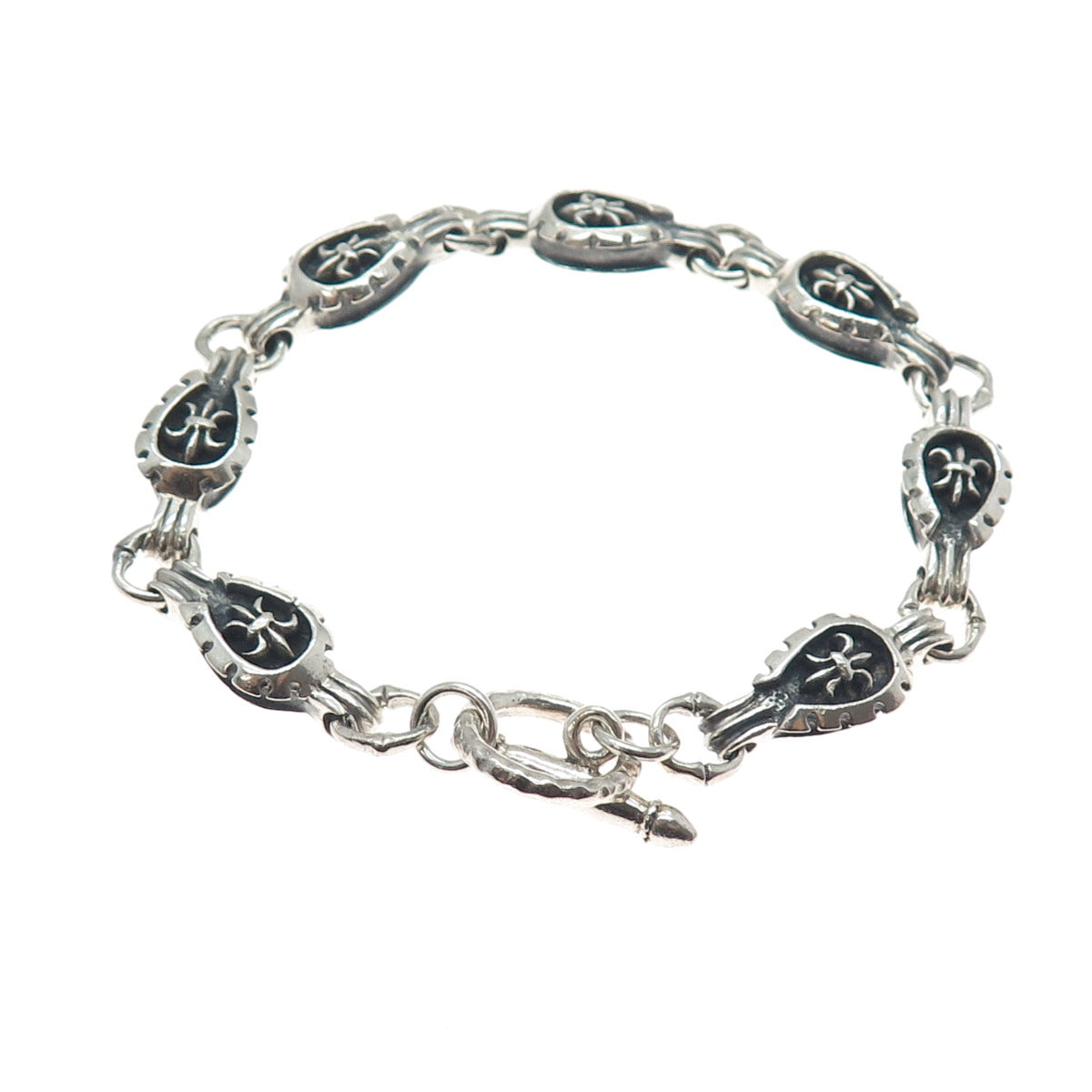 925 Sterling Silver Vintage Fleur de Lis Link Oxidized Bracelet 7.75"