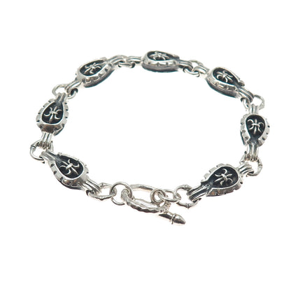 925 Sterling Silver Vintage Fleur de Lis Link Oxidized Bracelet 7.75"