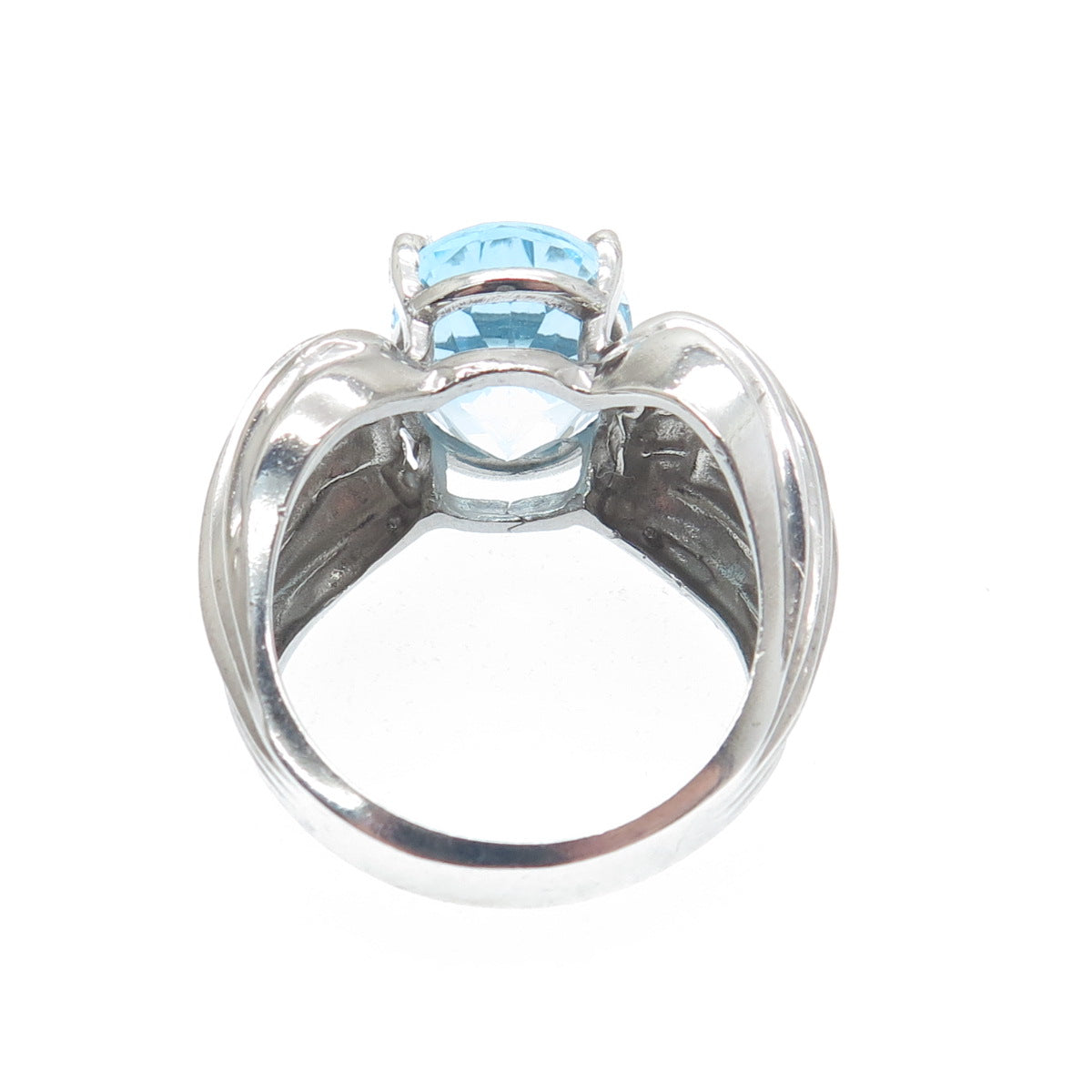 925 Sterling Silver Vintage Real Oval-Cut Blue Topaz Gem Ribbed Ring Size 8.25