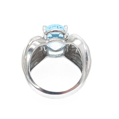 925 Sterling Silver Vintage Real Oval-Cut Blue Topaz Gem Ribbed Ring Size 8.25