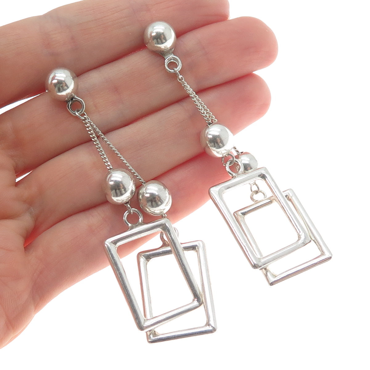 925 Sterling Silver Vintage Modernist Drop Ball & Frame Dangle Earrings