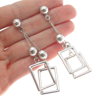 925 Sterling Silver Vintage Modernist Drop Ball & Frame Dangle Earrings