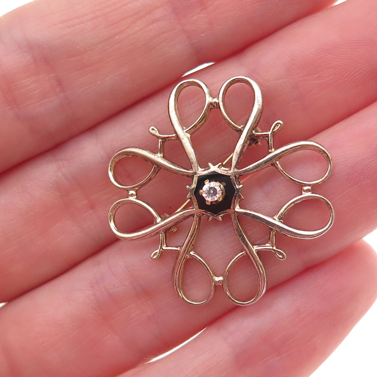 925 Sterling Gold Plated Antique Real Diamond & Black Onyx Floral Pin Brooch