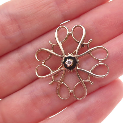 925 Sterling Gold Plated Antique Real Diamond & Black Onyx Floral Pin Brooch