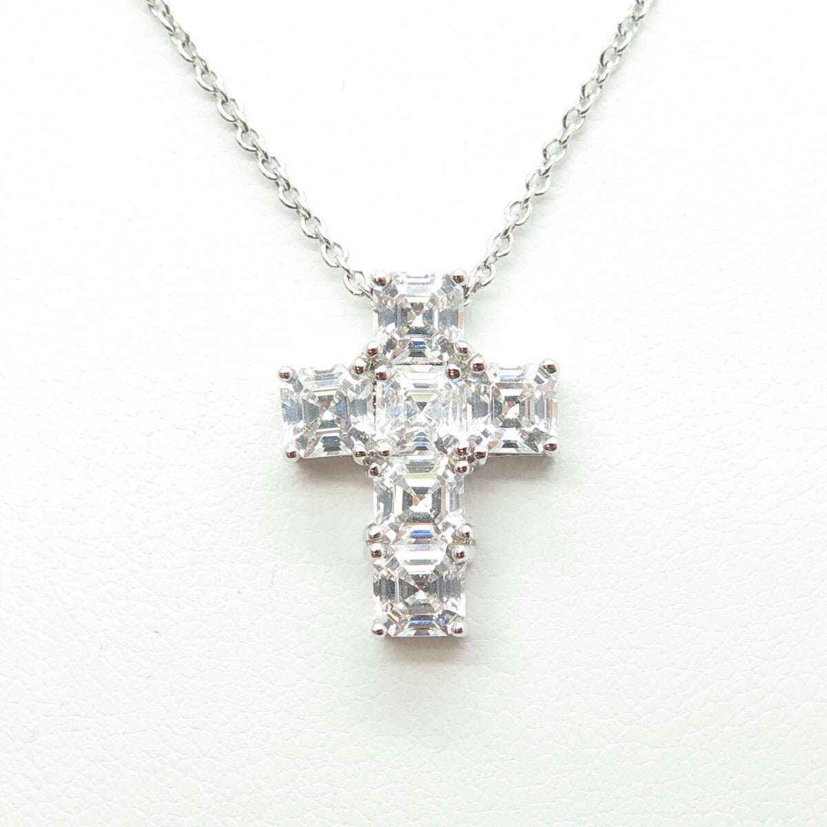 925 Sterling Silver Italy Asscher-Cut C Z Cross Cable Chain Necklace 16-18"