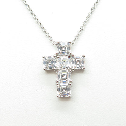 925 Sterling Silver Italy Asscher-Cut C Z Cross Cable Chain Necklace 16-18"