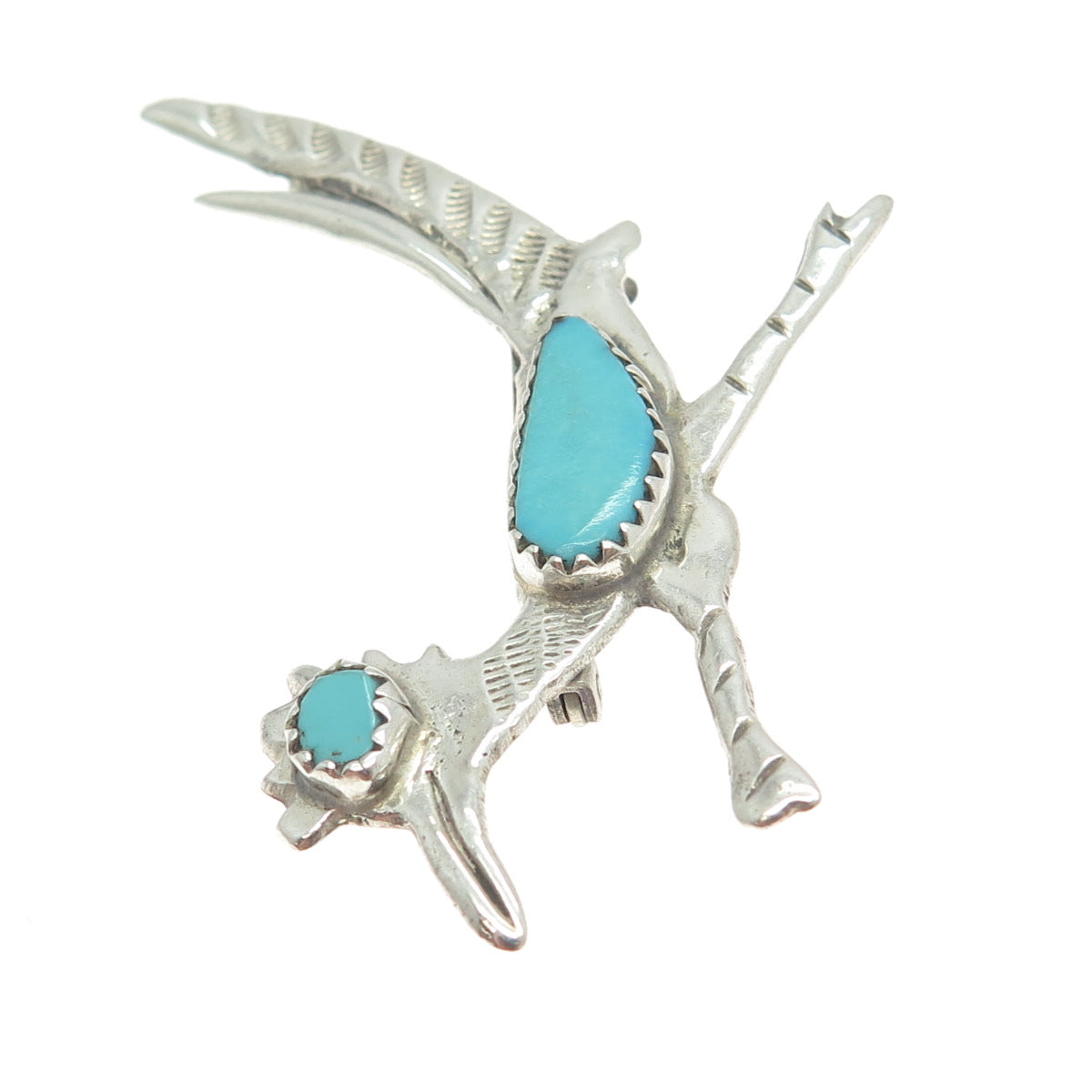 LAMBERT LIVINGSTON NAVAJO Sterling Vintage Southwestern Turquoise Roadrunner Pin