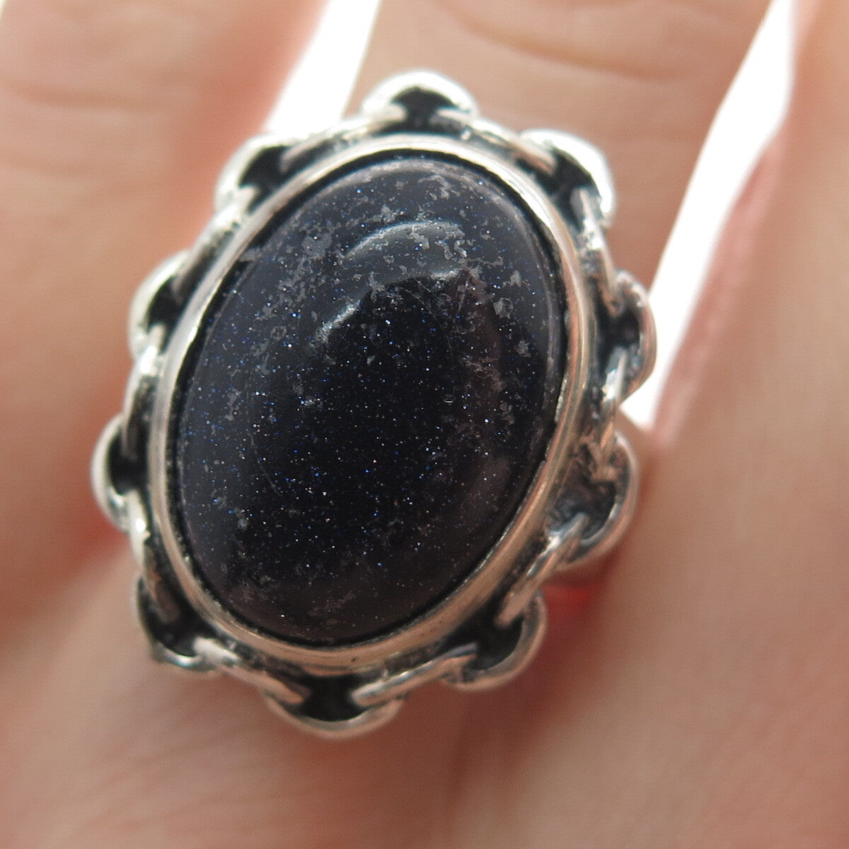 925 Sterling Silver Vintage Real Blue Sunstone Chain Link Oxidized Ring Size 8.5