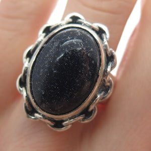 925 Sterling Silver Vintage Real Blue Sunstone Chain Link Oxidized Ring Size 8.5