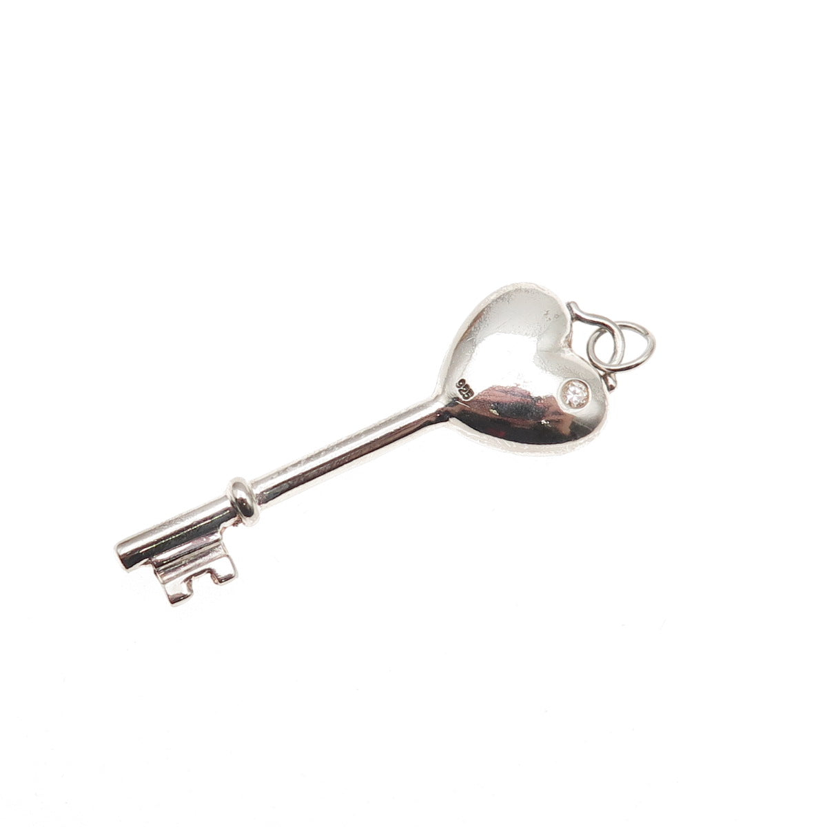 925 Sterling Silver Round-Cut C Z Heart Key Charm Pendant