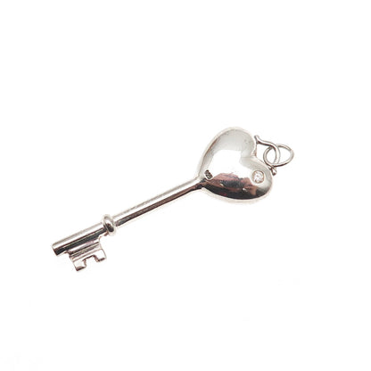 925 Sterling Silver Round-Cut C Z Heart Key Charm Pendant