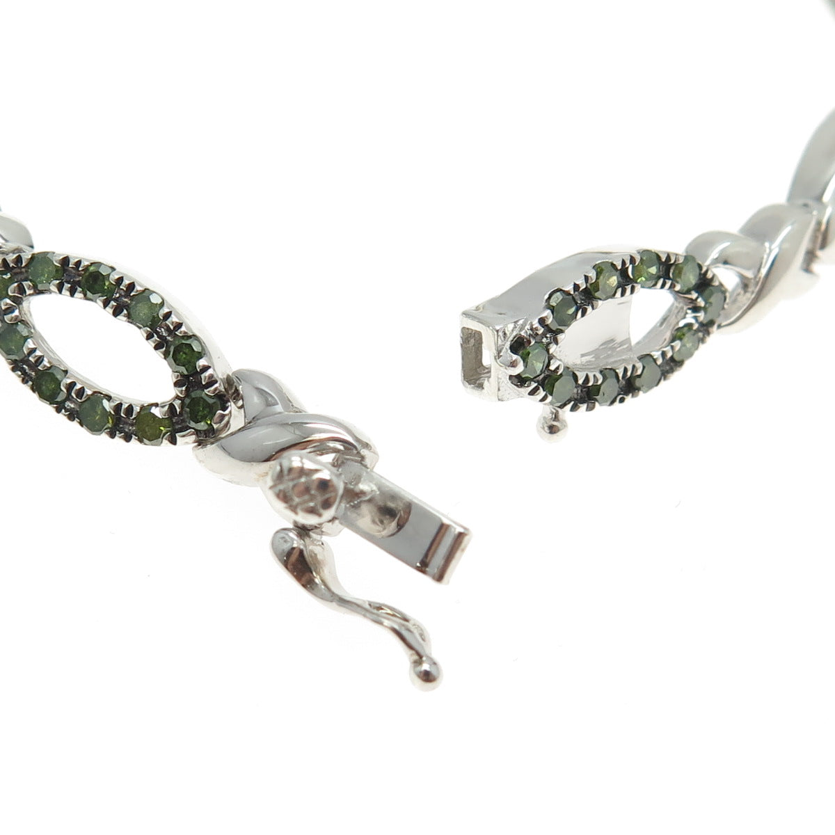 925 Sterling Silver Real Round-Cut Green Diamond Hugs & Kisses Link Bracelet 7"