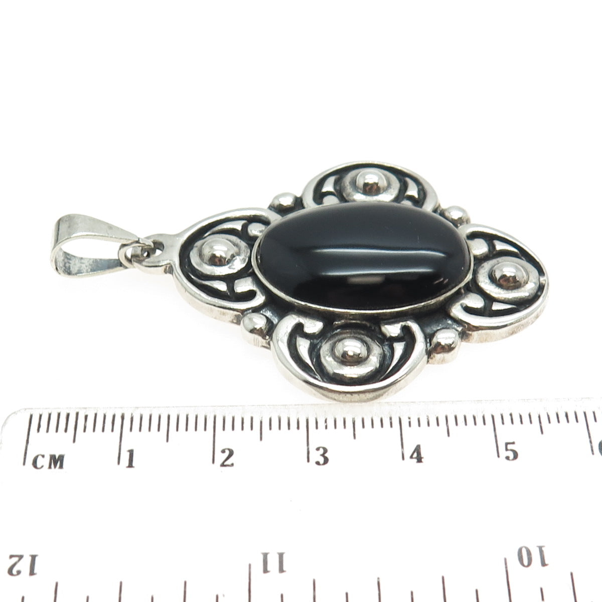 925 Sterling Silver Vintage Mexico Real Black Onyx Floral Cross Pendant