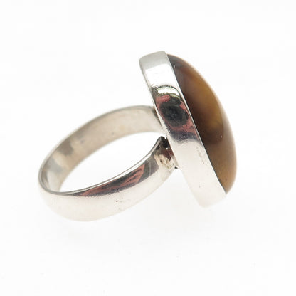 925 Sterling Silver Vintage Real Cabochon Tiger Eye Modernist Ring Size 7