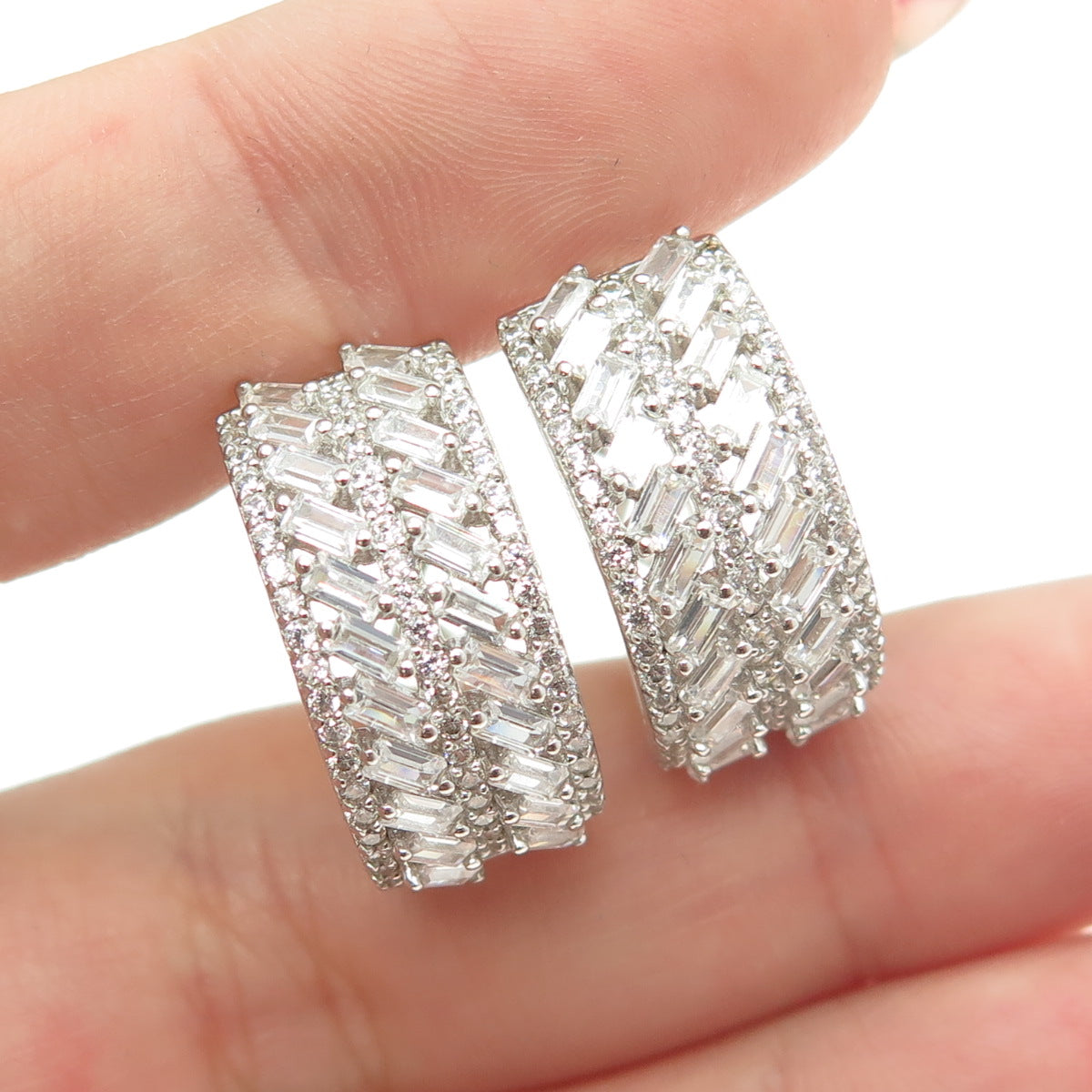 925 Sterling Silver Baguette & Round-Cut C Z Hoop Earrings