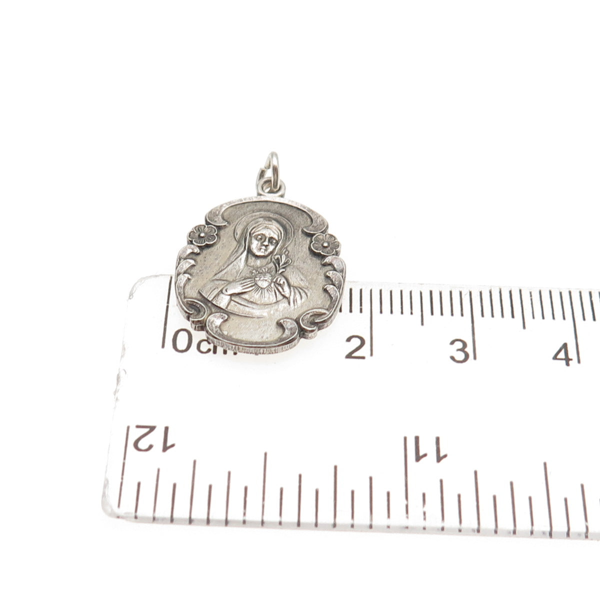 925 Sterling Silver Antique Art Deco St. Mary Miraculous Oxidized Charm Pendant