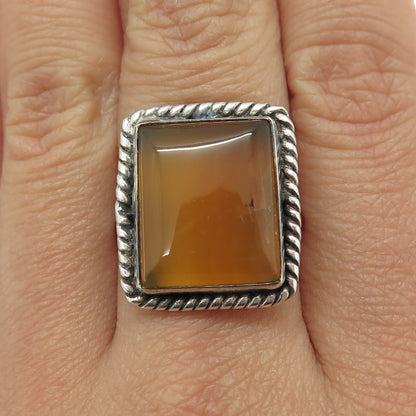 925 Sterling Silver Vintage Real Agate Southwestern Roped Ring Size 8