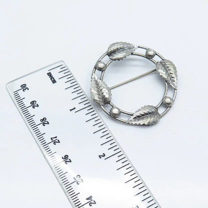 925 Sterling Silver Vintage Leaf Open Circle Pin Brooch
