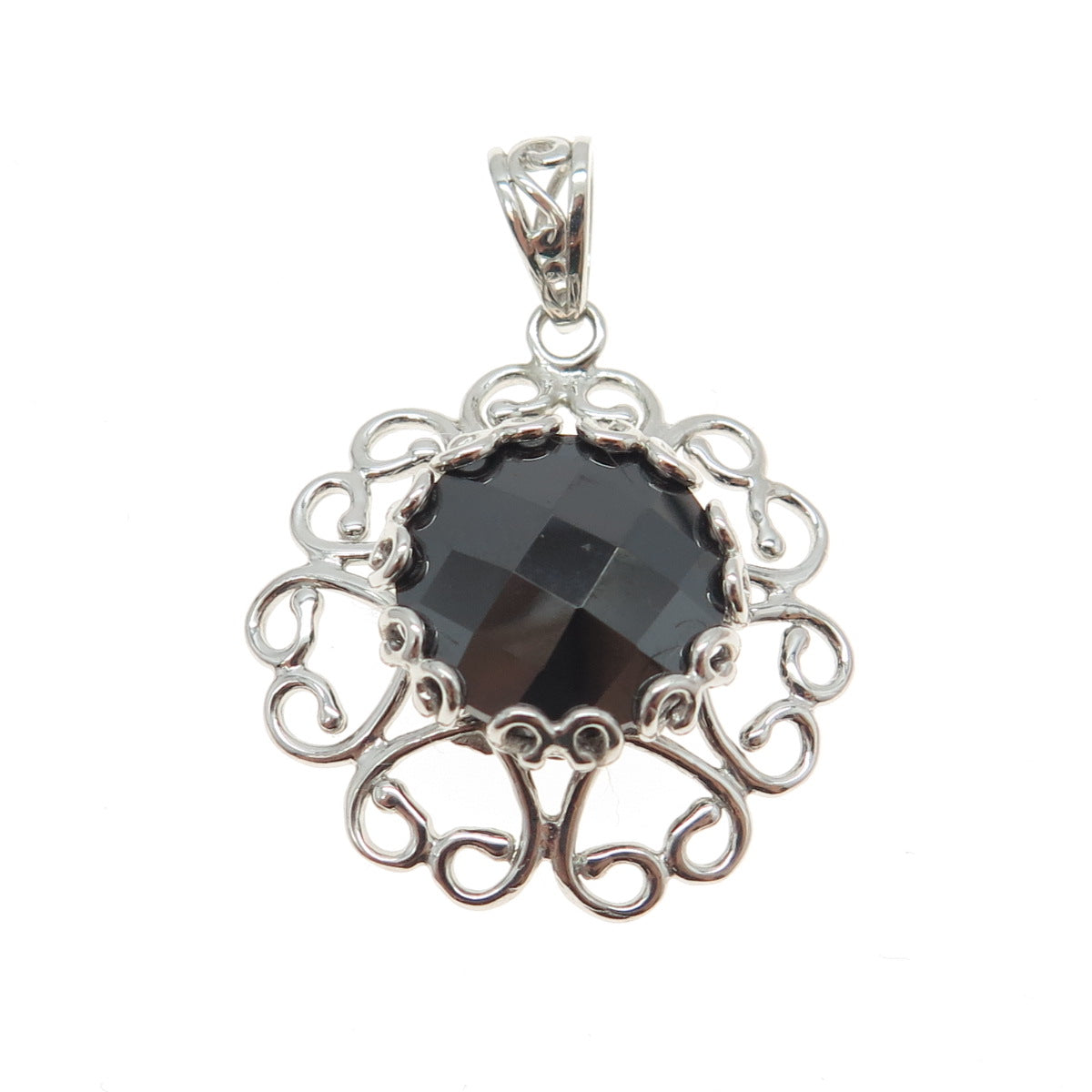 925 Sterling Silver Real Melanite Gemstone Ornate Pendant