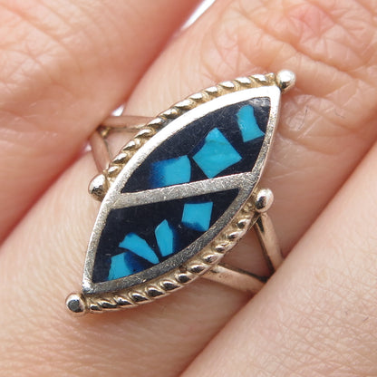 925 Sterling Silver Vintage Southwestern Turquoise Inlay Oxidized Ring Size 6.5