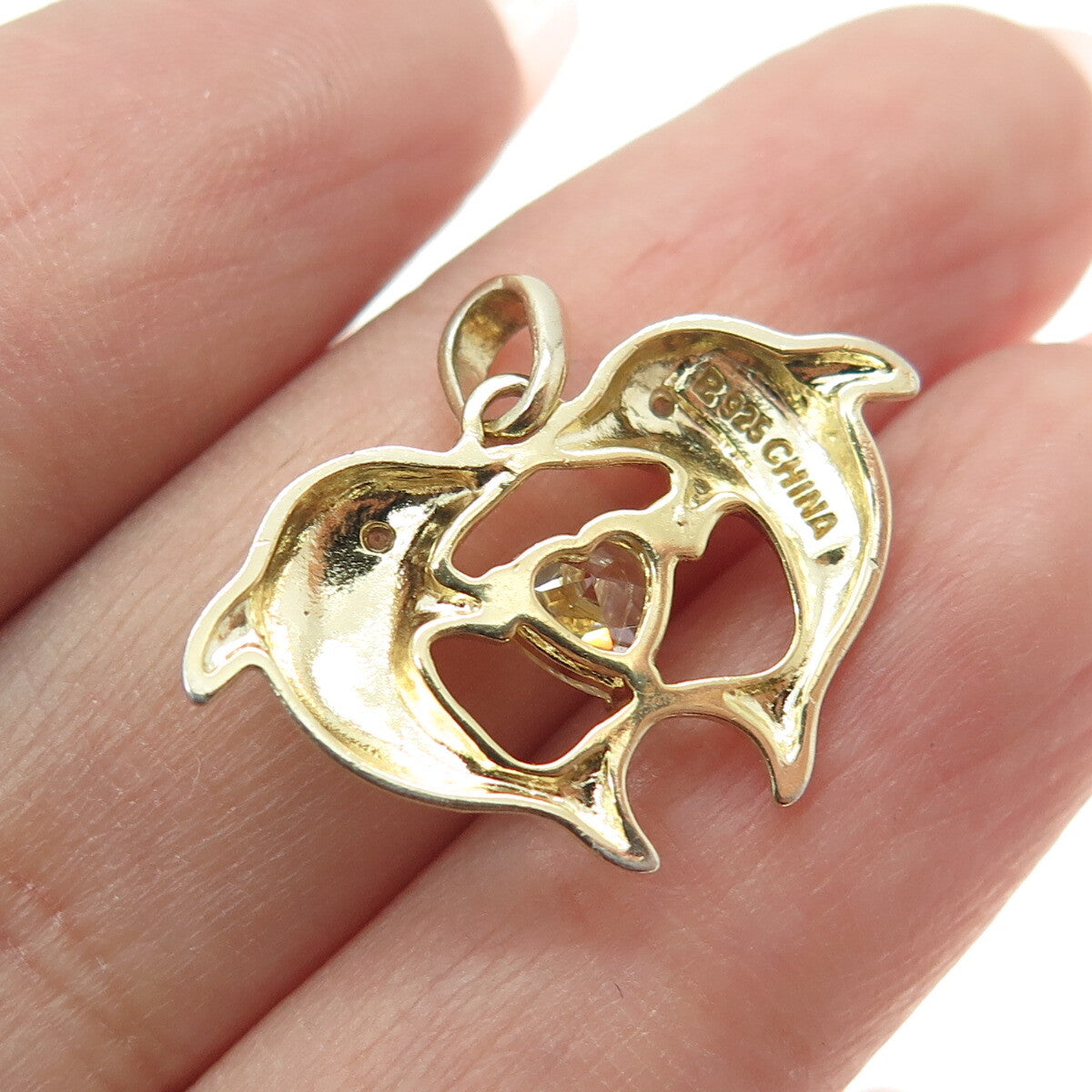 ROSS SIMONS 925 Sterling Gold Plated Diamond & C Z Couple of Dolphins Pendant