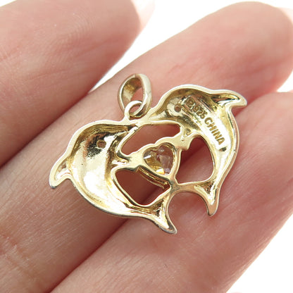 ROSS SIMONS 925 Sterling Gold Plated Diamond & C Z Couple of Dolphins Pendant