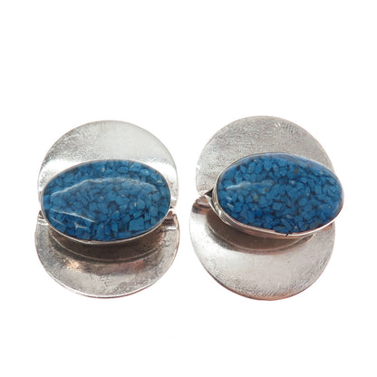 925 Sterling Silver Vintage Real Turquoise Inlay Modernist Clip On Earrings