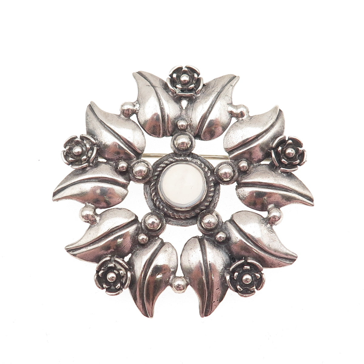 925 Sterling Silver Vintage Real Moonstone Floral Oxidized Pin Brooch