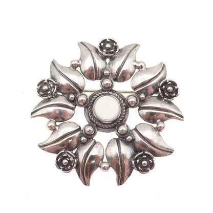 925 Sterling Silver Vintage Real Moonstone Floral Oxidized Pin Brooch