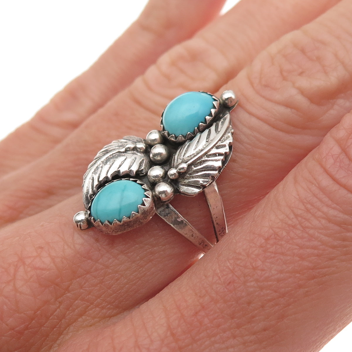 Old Pawn Sterling Silver Vintage Southwestern Turquoise Feather Ring Size 7.25