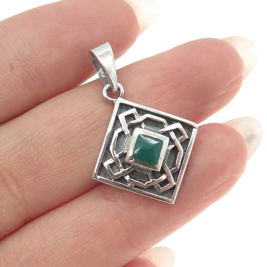 925 Sterling Silver Vintage Real Green Onyx Geometric Maze Pendant