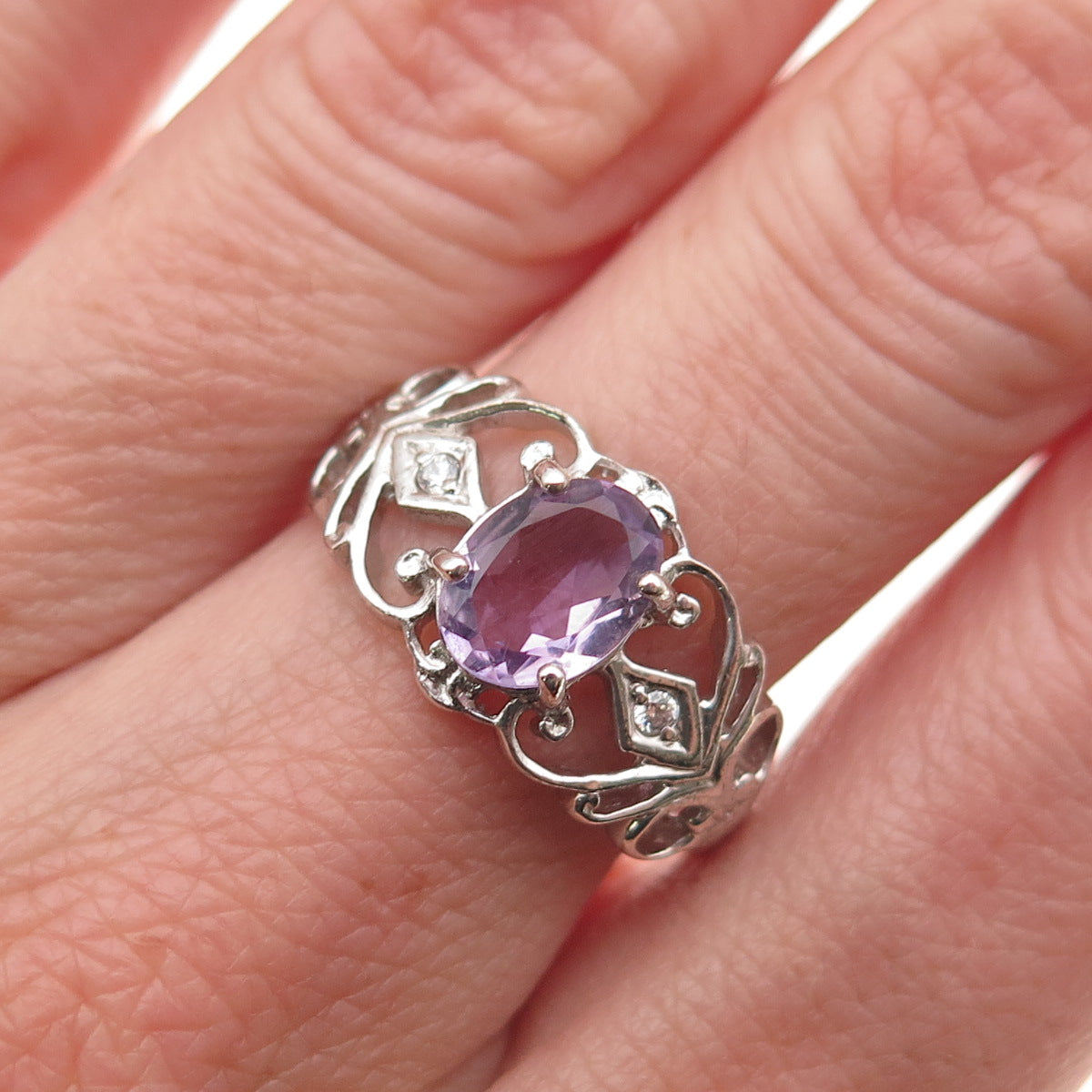 RJ Graziano 925 Sterling Silver Vintage Real Amethyst & C Z Ring Size 7.25