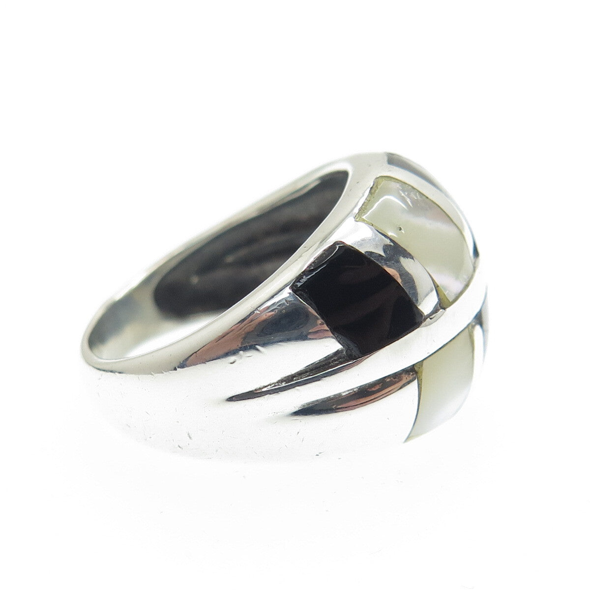 CFJ Collins Fine Jewelry Sterling Silver Vintage Black Onyx & MOP Ring Size 6.25