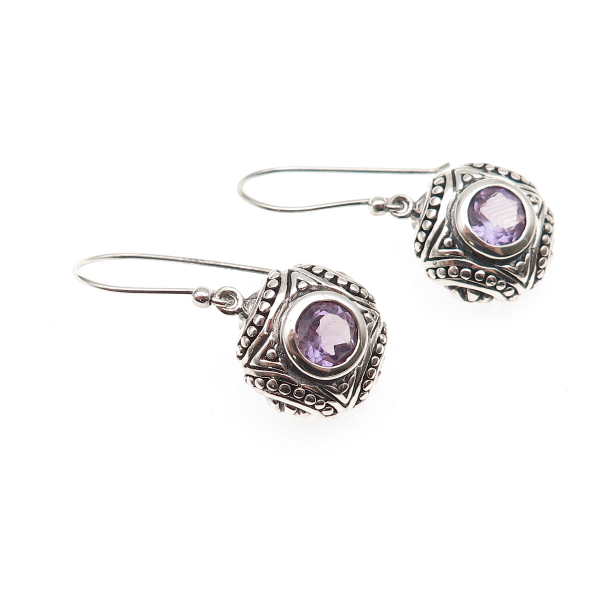925 Sterling Silver Vintage Real Amethyst Dotted Oxidized Dangle Earrings
