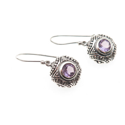 925 Sterling Silver Vintage Real Amethyst Dotted Oxidized Dangle Earrings