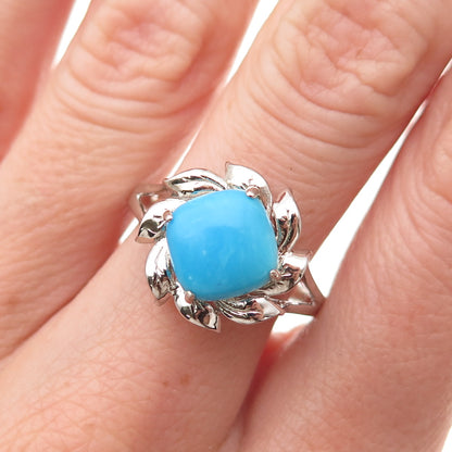 925 Sterling Silver Real Sleeping Beauty Turquoise Floral Ring Size 8