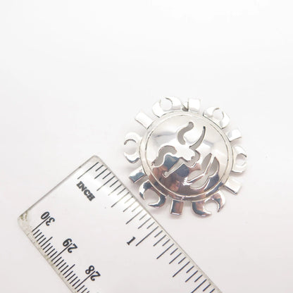 925 Sterling Silver Vintage Mexico Sun Face Tribal Pin Brooch