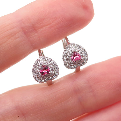925 Sterling Silver Pink & White C Z Hoop Earrings