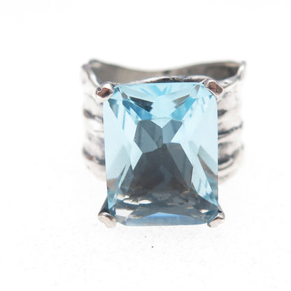 925 Sterling Silver Vintage Blue C Z Modernist Oxidized Ring Size 8.25