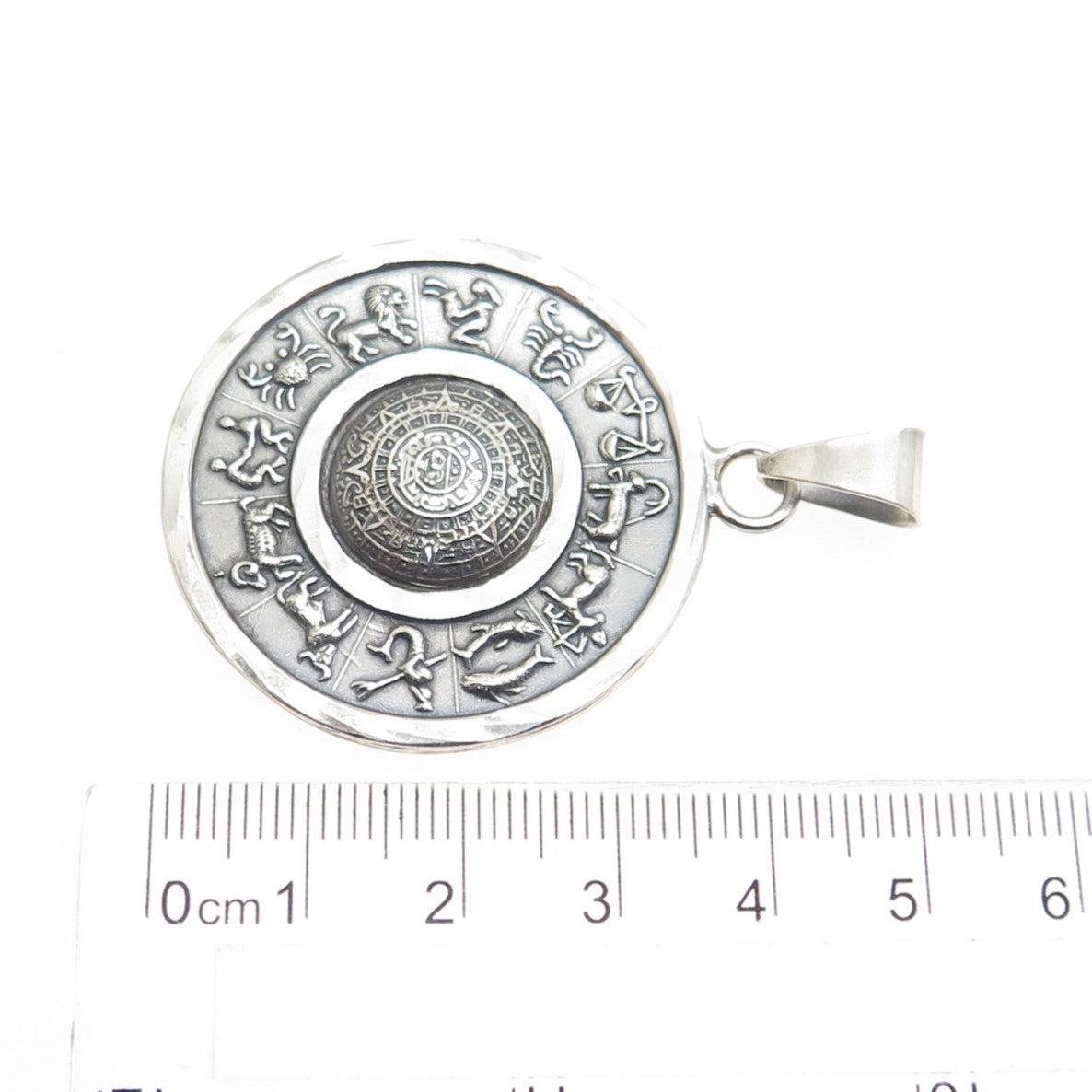 925 Sterling Silver Vintage Mexico Mayan & Zodiac Calendar Oxidized Pendant