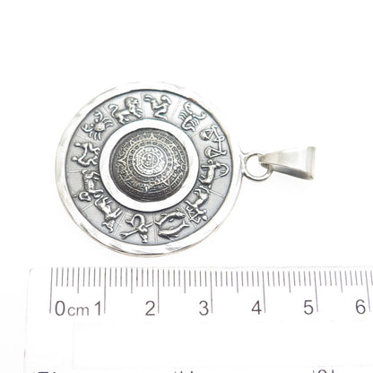 925 Sterling Silver Vintage Mexico Mayan & Zodiac Calendar Oxidized Pendant