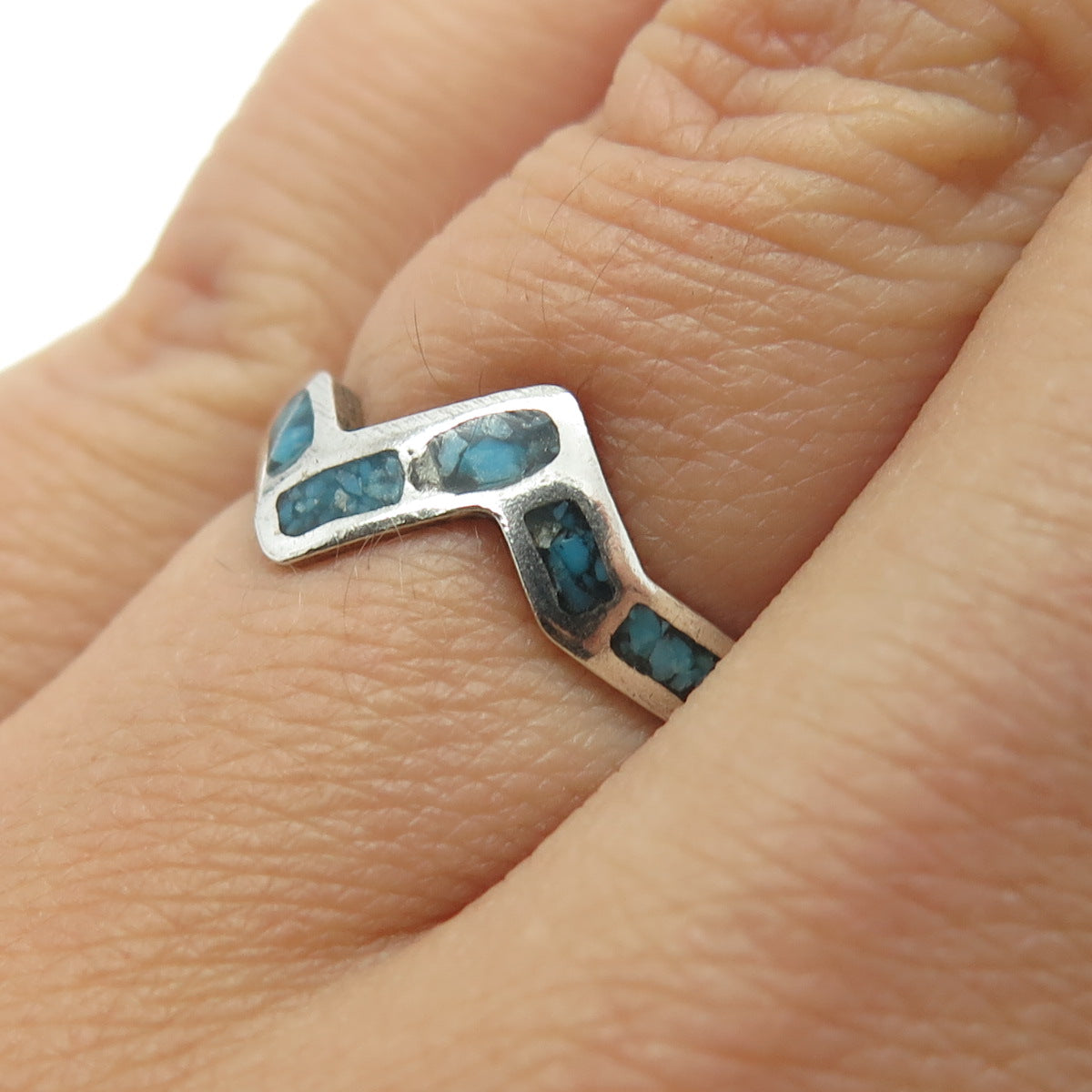 Old Pawn Sterling Silver Vintage Bisbee Turquoise Inlay Zig Zag Ring Size 6.5